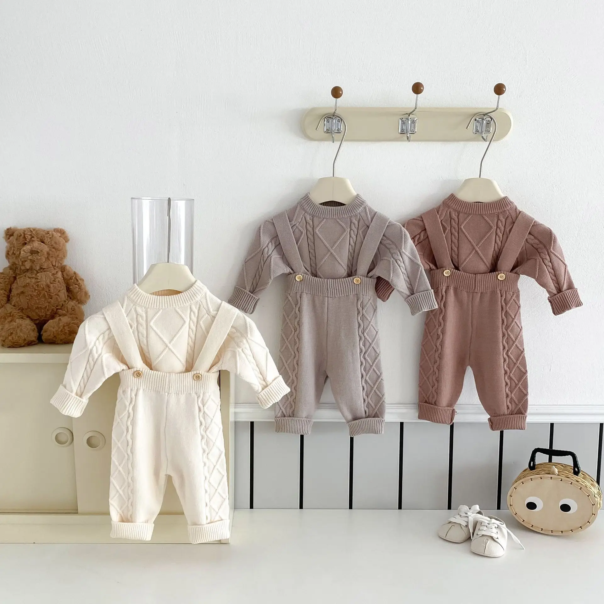 2024 Winter Autumn New in Kids Baby Girls Boys Solid Color Casual Clothing , Children Knitted Top Sweater+overalls 0-5Y