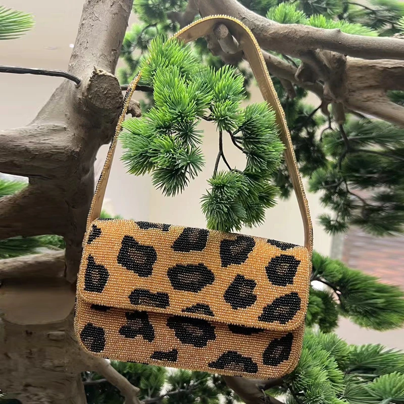 DOYUTIG Brand Handmade Leopard Pattern Beading Bag Women's Embroidered Shoulder Bag Lady Wedding Party Bag Evening Handbag N038
