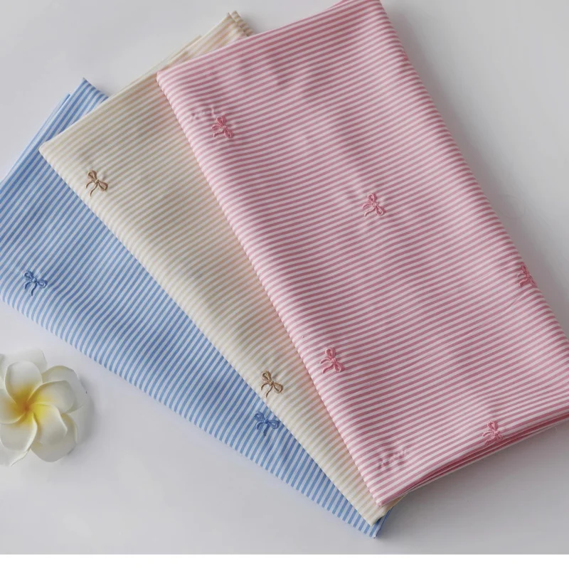 

145x50cm bow embroidery striped fabric shirt dress Children's clothing fabric large intestine hair band diy handmade fabric