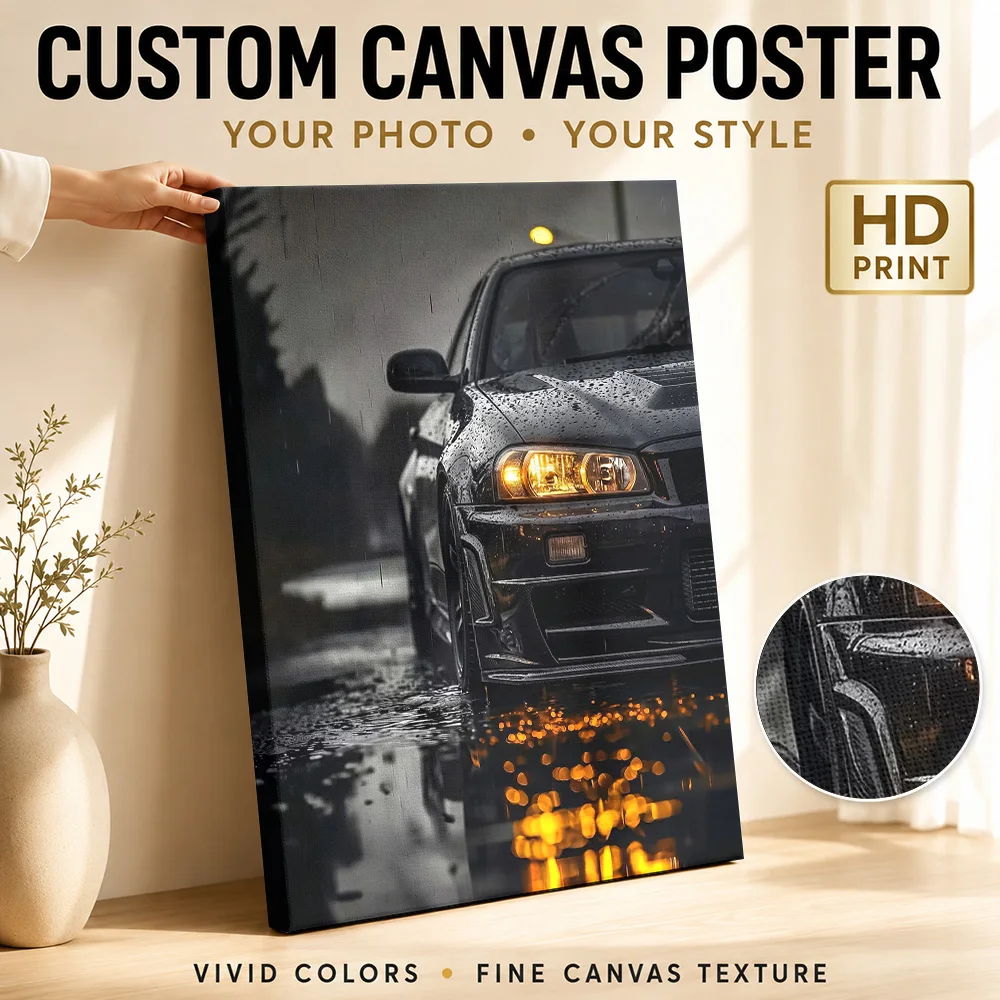 Close up Black Sports r34 gtr car in the rain Canvas Print Poster Custom Retro Automotive Wall Paintings Decoration for Garage