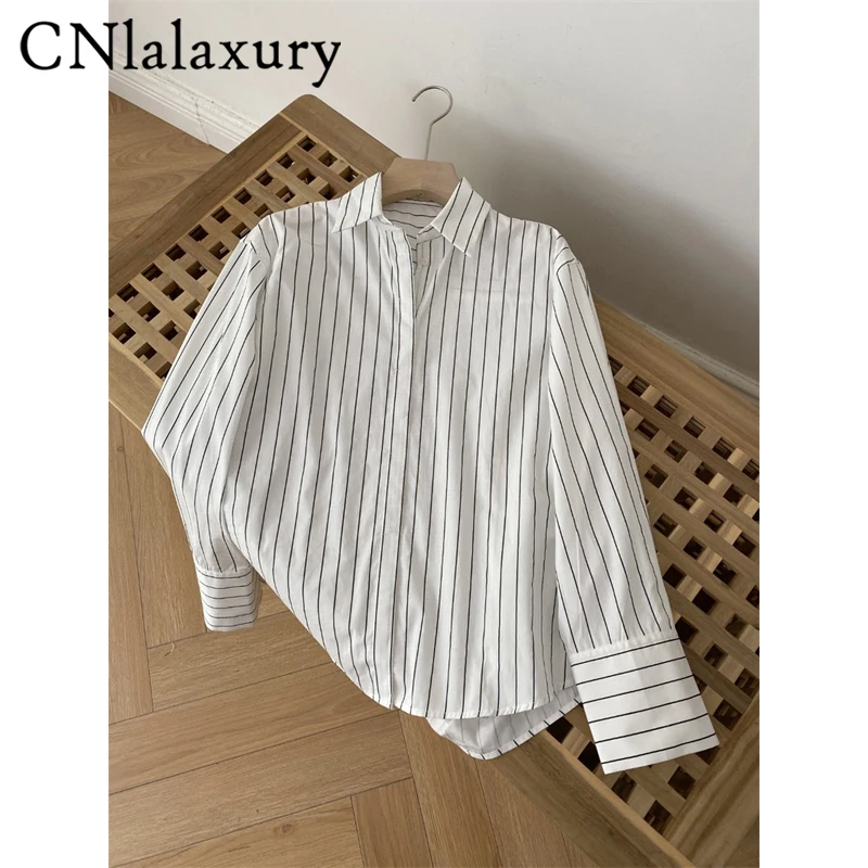 CNlalaxury 2022 Spring Autumn New Woman Striped Shirt Long Sleeves Fashion Basic Casual Blouse Office Lady Button Top Female