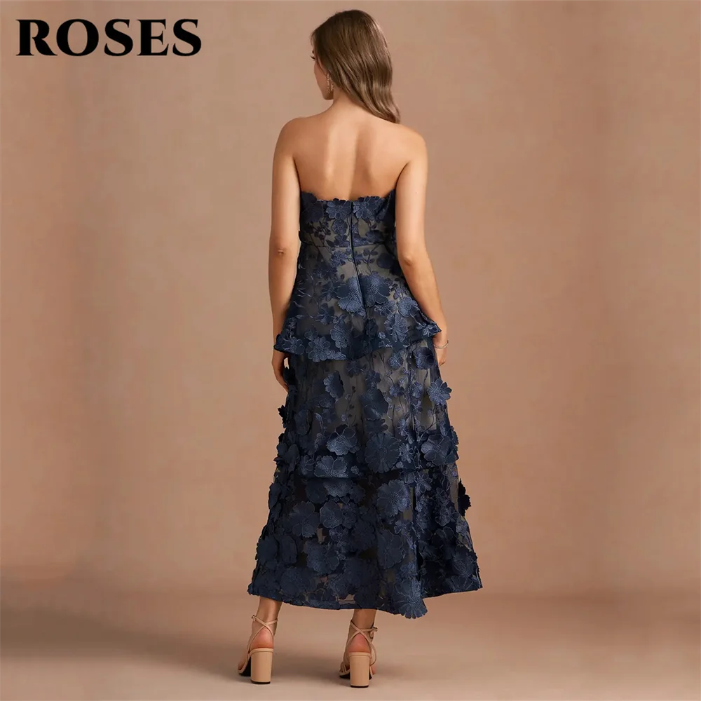 ROSES Navy Blue Fashion Prom Dresses Strapless Sleeveless Lace Evening Dresses with Multi-Layer Floral Party Dresses Customized