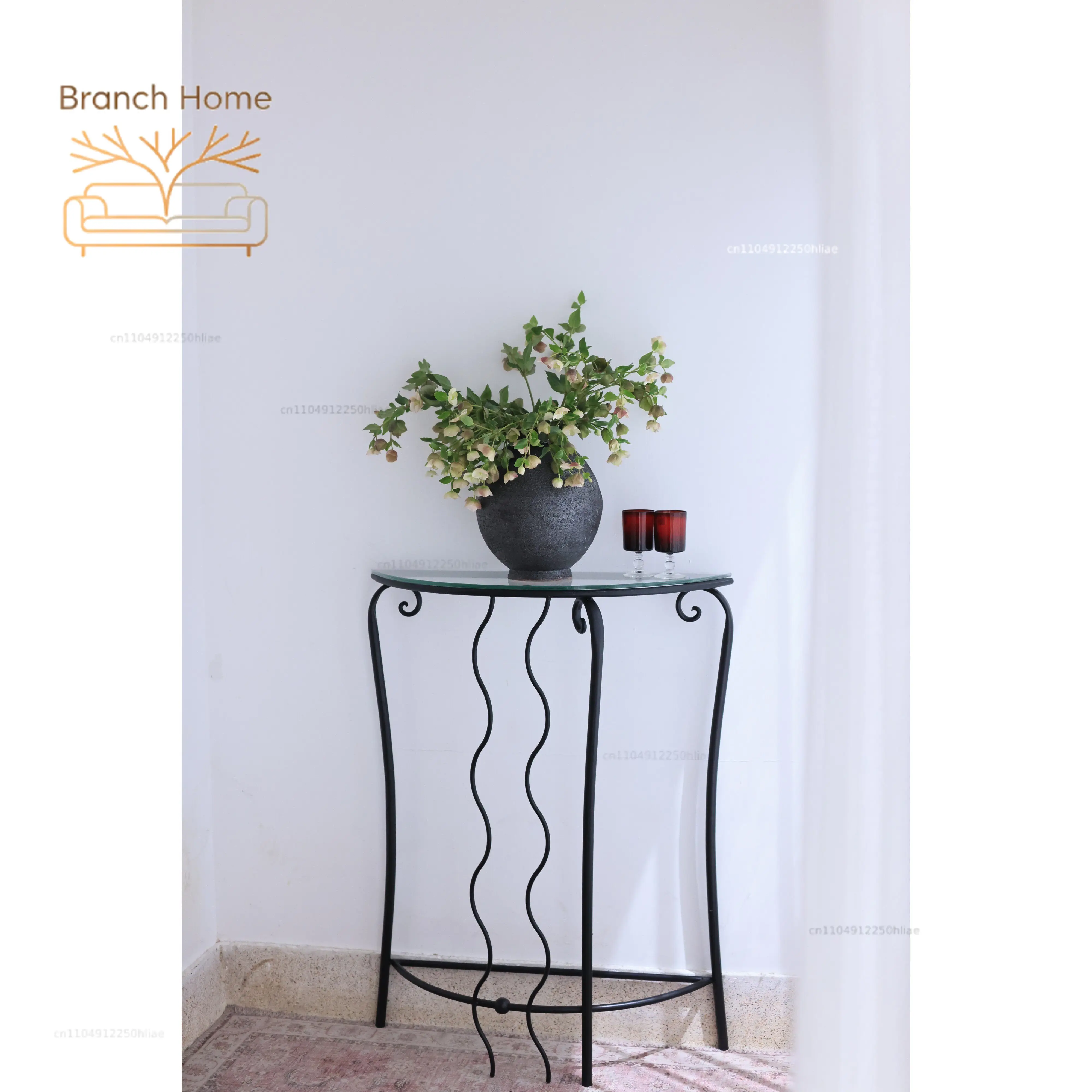 Hee house, retro metal entrance table, glass side table, medieval replica lines, elegant design atmosphere