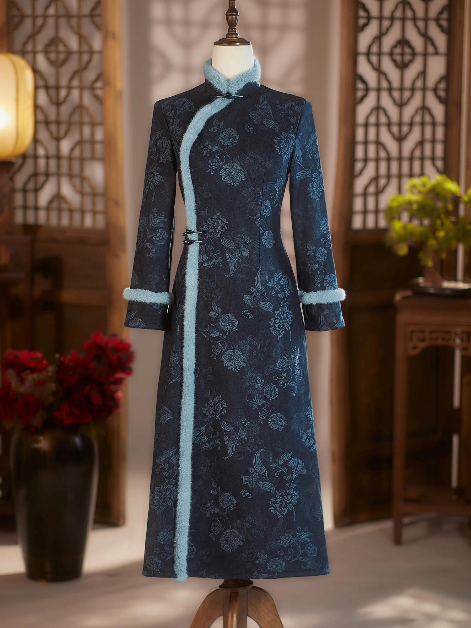 

Blue Velvet Long Sve Fro Coat Warm Winter Thiened Fro Coat Vintage Sle Daily Wear Polyester Fiber Floral Pattern