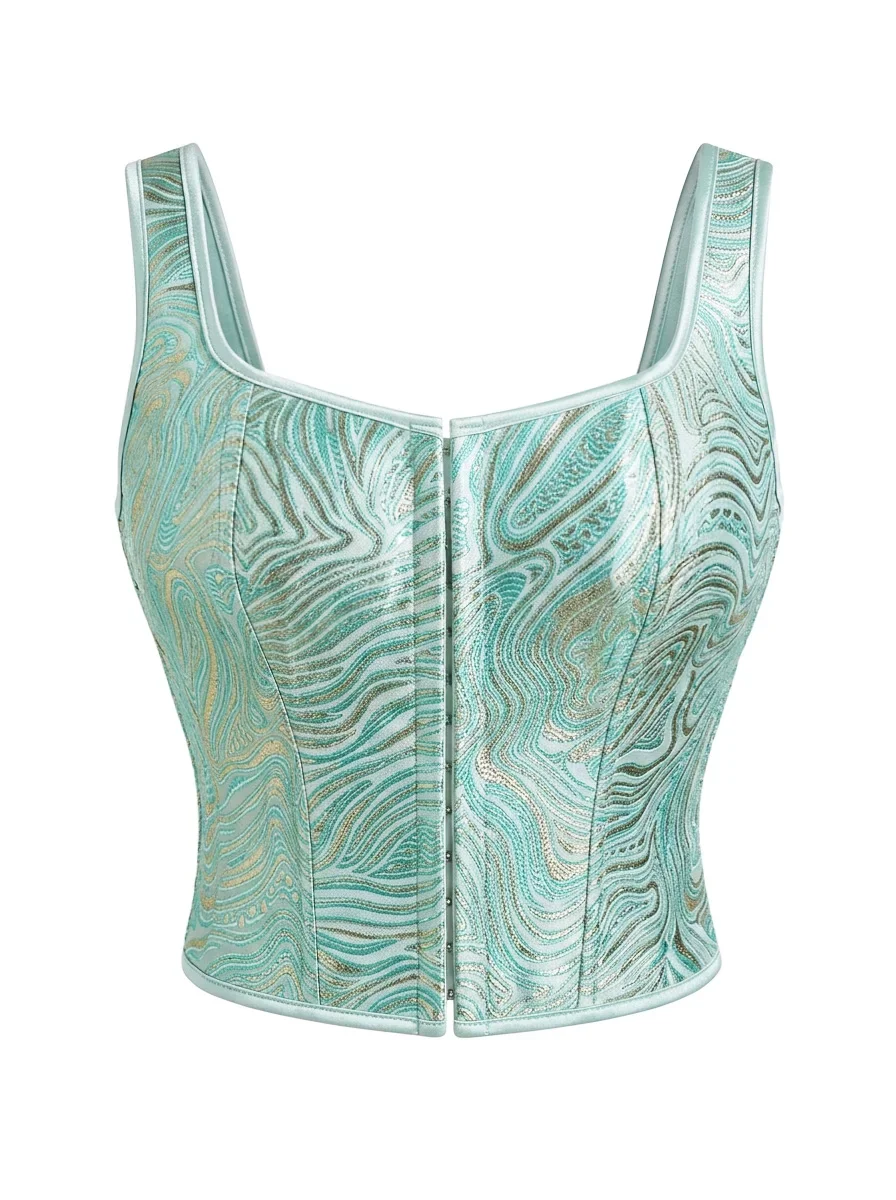 French Style Fresh Mint Green Shaping Bandeau Corset with Gold Gilded Wavy Fish Bone Waistband Women Sexy Crop Tops