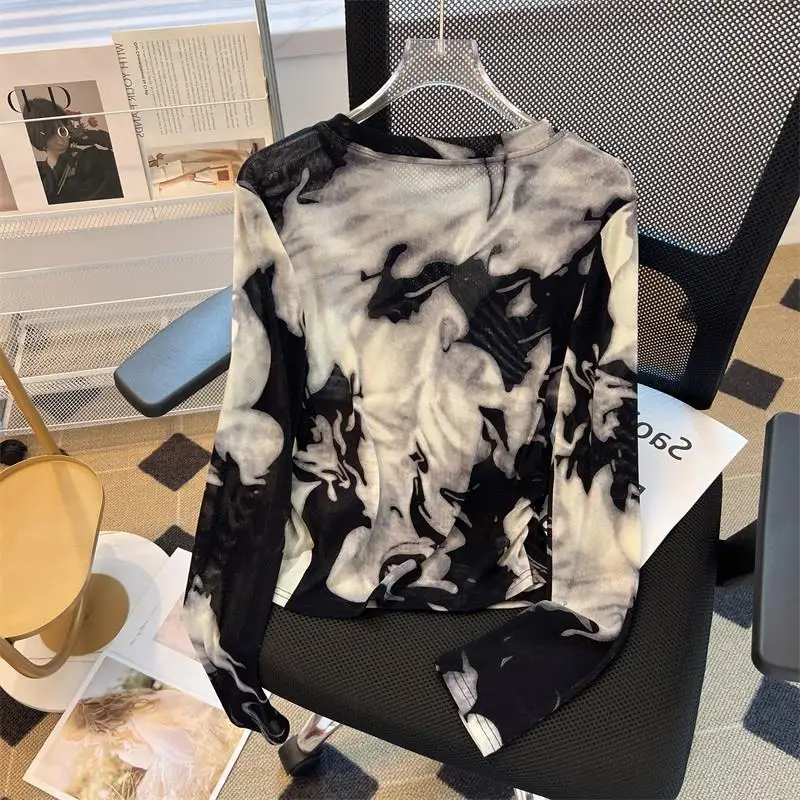 Long Sleeve T-Shirts Women Tie-dye Ink Painting Design Chic Sun-proof Casual Bright-silk All-match Popular Summer Tops Ulzzang