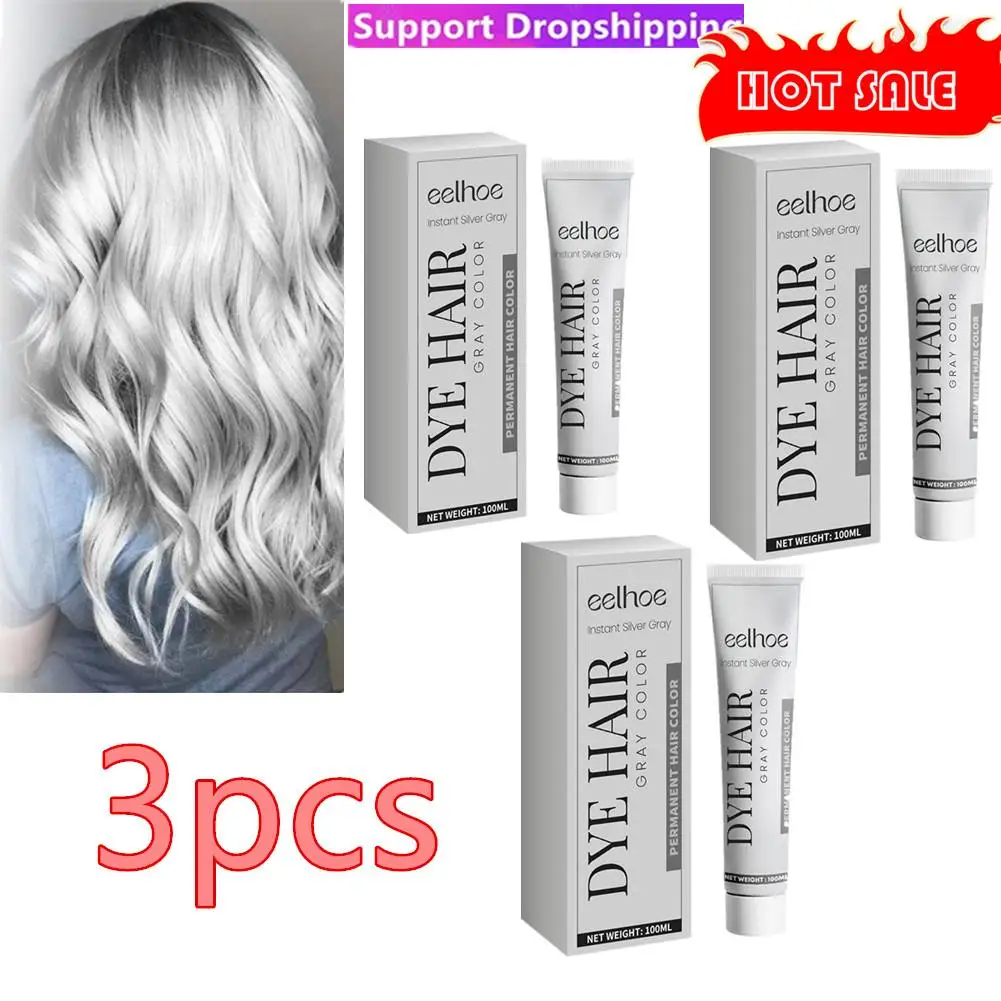 

3pcs Gray Color Hair Dye Cream Smoky Gray Natural Plant Extract Fashion Grandma Grey Punk Style Men Women Salon Hair Wax Cream