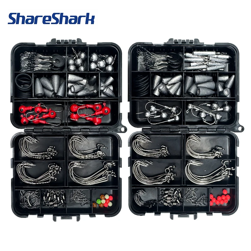 Image of ShareShark 132-teiliges Texas Angelzubehör-Set Hochkarbon-Stahl Crank-Haken Bleigewichte Hakenwirbel, Angelzubehör