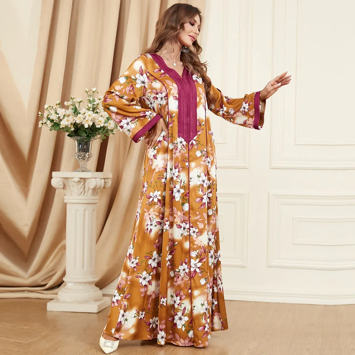 Floral Patchwork Party Dresses for Women Long Sleeve Arabic Dress  V-neck Kaftan Muslim Abayas Dubai Gowns Morocco Evening Dress