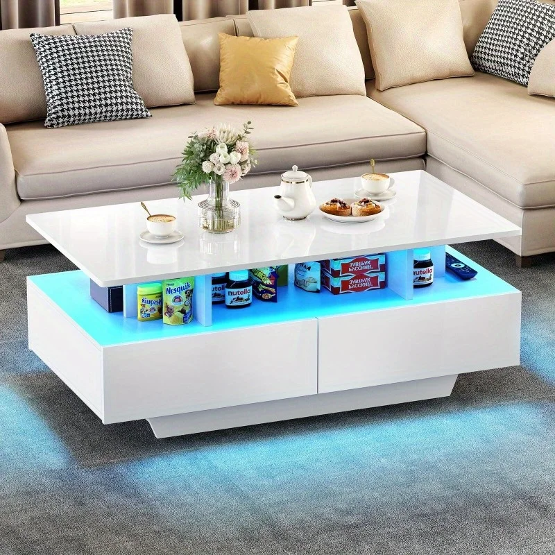 

High Gloss Coffee Table Center Cocktail Table with LED Lights & Sliding Drawers