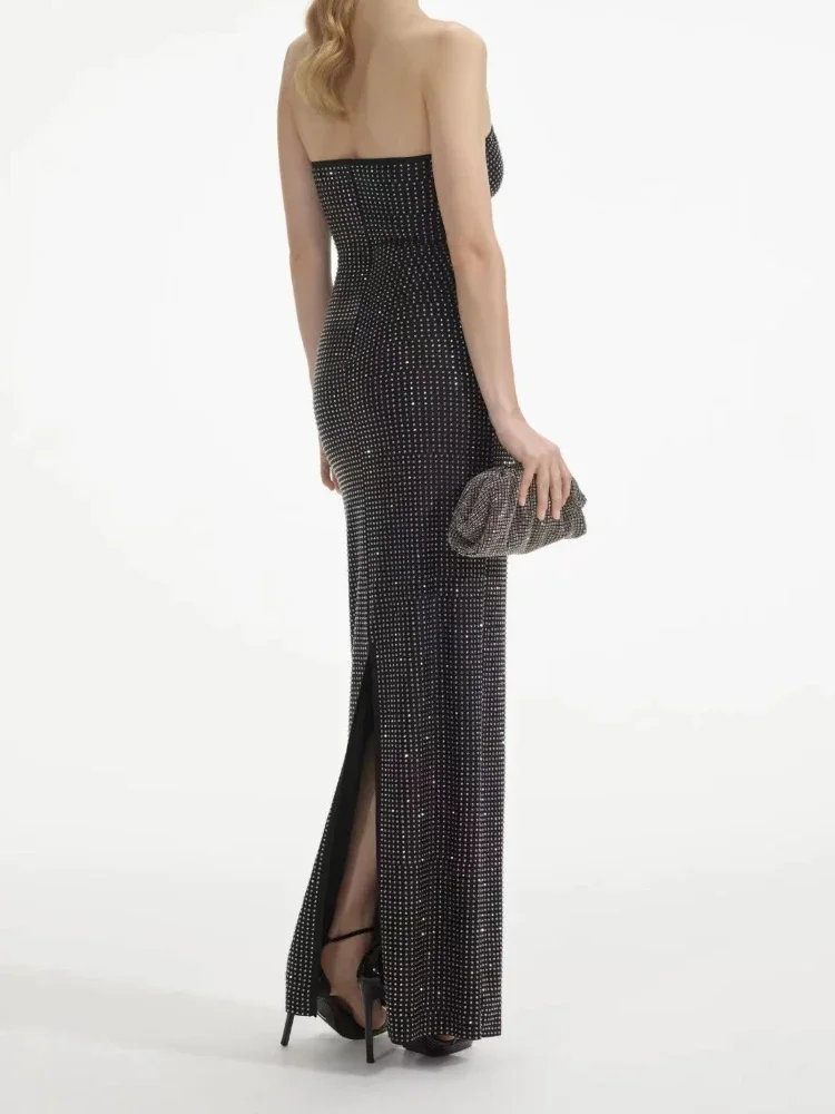 New Arrivals Black Deep-V Tube Top Diamonds Pressed Sleeveless Slit Hem Maxi Dress 2024 Women Sexy Clothes Club Collection