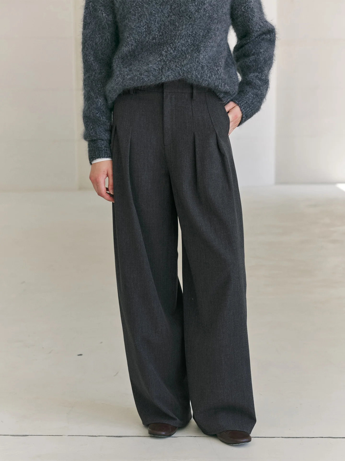 

High Waist Wide Leg Suit Pants Women's Commute Slimming Double Pleat Simple Sle Knife Long Trousers by Non Restrain