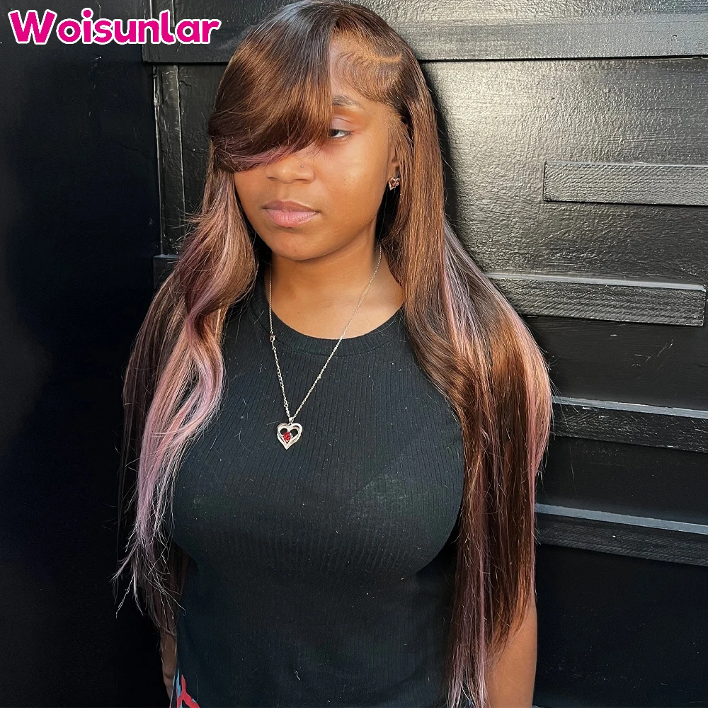 

Highlight brown and pink lace Front Human Hair Wigs Straight 180%200% For women 13x4 Transparent Lace Front Human hair wigs 100%