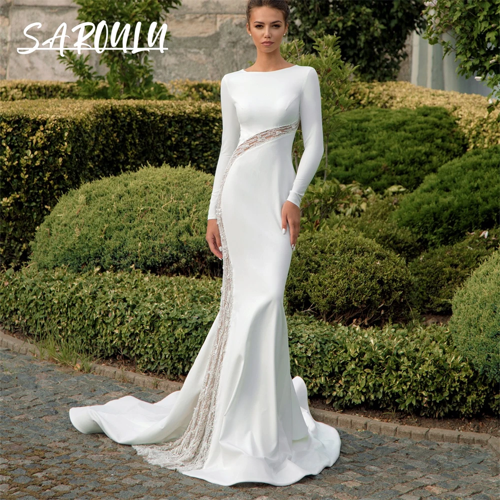 2024 Newest Chic Sheath Wedding Dresses For Women Long Sleeves Illusion Waistline Bride Dress Custom Made Plus Size Bridal Gown