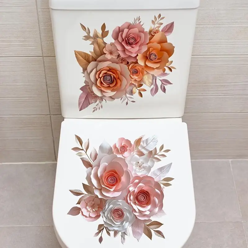【F】Floral Toilet Sticker Waterproof Bathroom Wall Sticker Toilet Lid Sticker Self-Adhesive Removable Decals Home Decor