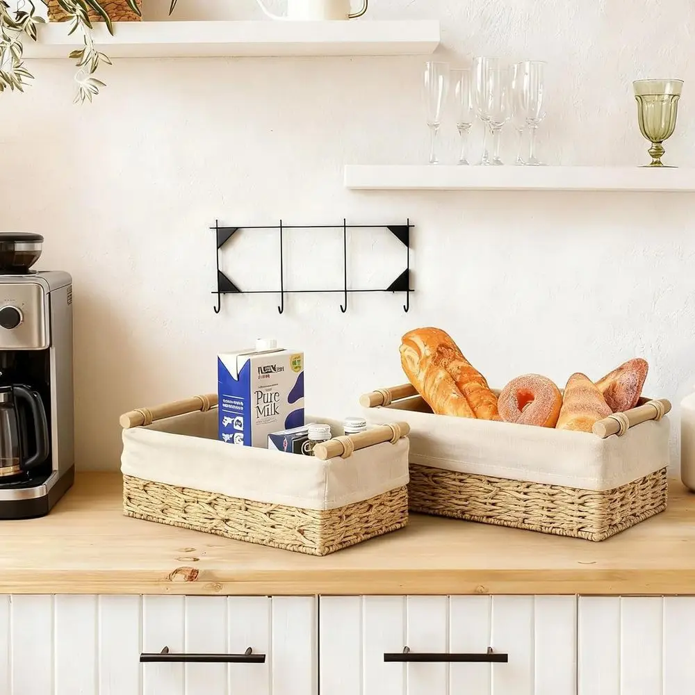 Set Of 2 Storage Basket Wicker Baskets For Organizing With Handle Decorative Storage Bins For Countertop Toilet Paper Storage Basket For Toilet Tank Top Small Baskets Set, Bathroom Decor And Accessories, Kitchen Essentials, Room Decor