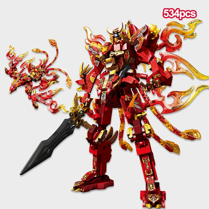

MOC Two Transforming Animal/Robot Building Blocks Kits Assembled Boys Vermilion Bird/Tiger/Dragon Mecha Model Bricks Toys Gifts