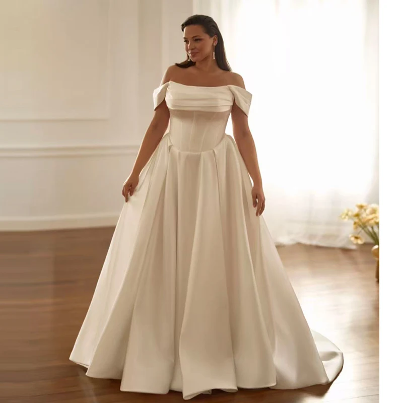

Plus-Size Wedding Dress Organza With Embroidery Satin Curvy Bridal Gown Boatneck Sleeveless Customized Button Vestido De Novia