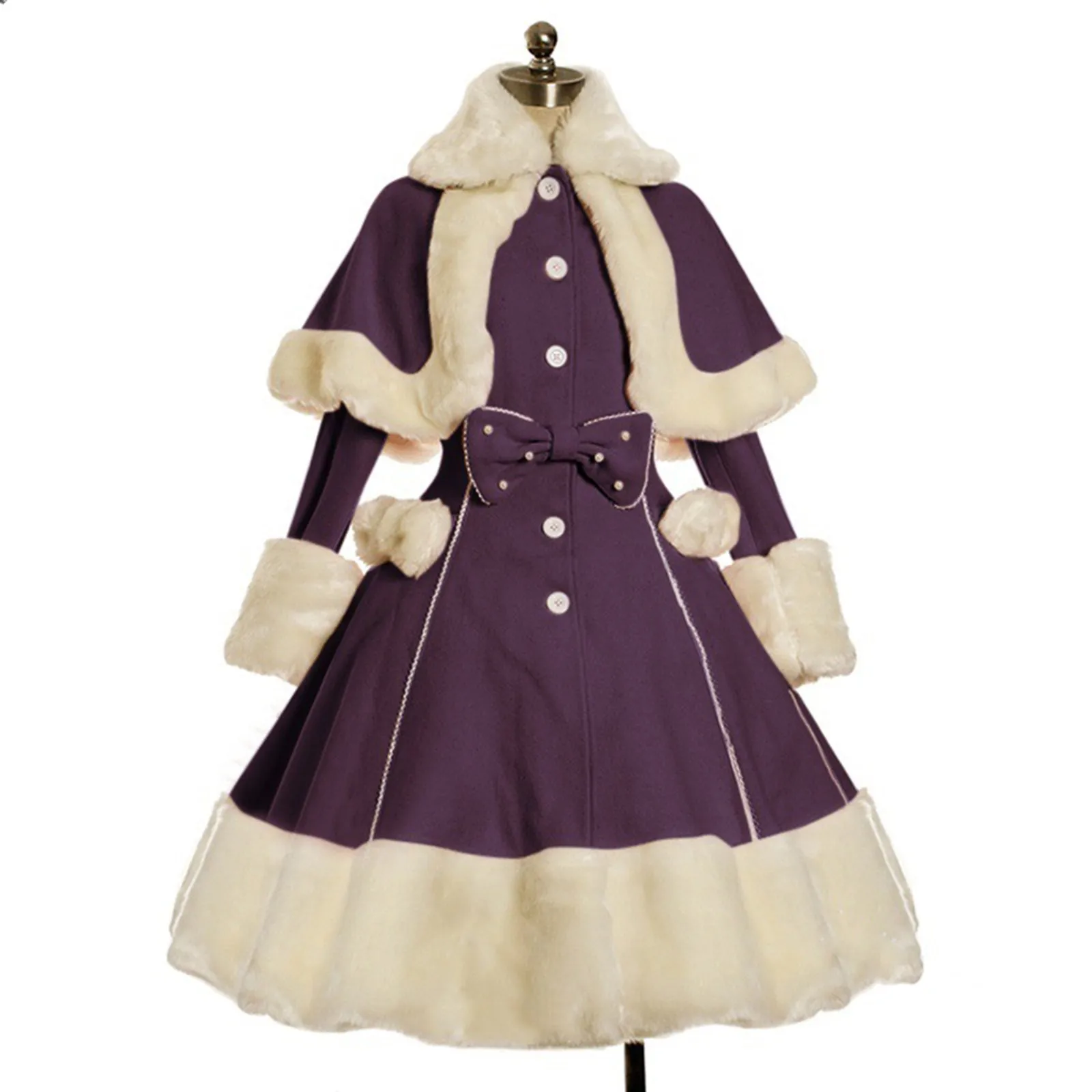 Women Vintage Gothic Lolita Dress Suit Winter Warm Thick Bow Costume Fur Collar Long Sleeves Shawl Cute Single Breasted Dresses