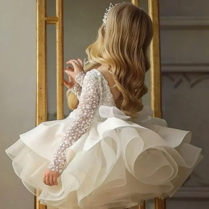 

Customized Flower Girl Dresses Pagant Birthday Holy Communion Gown Ivory Tulle Satin Sequin With Bow Long Sleeve For Wedding
