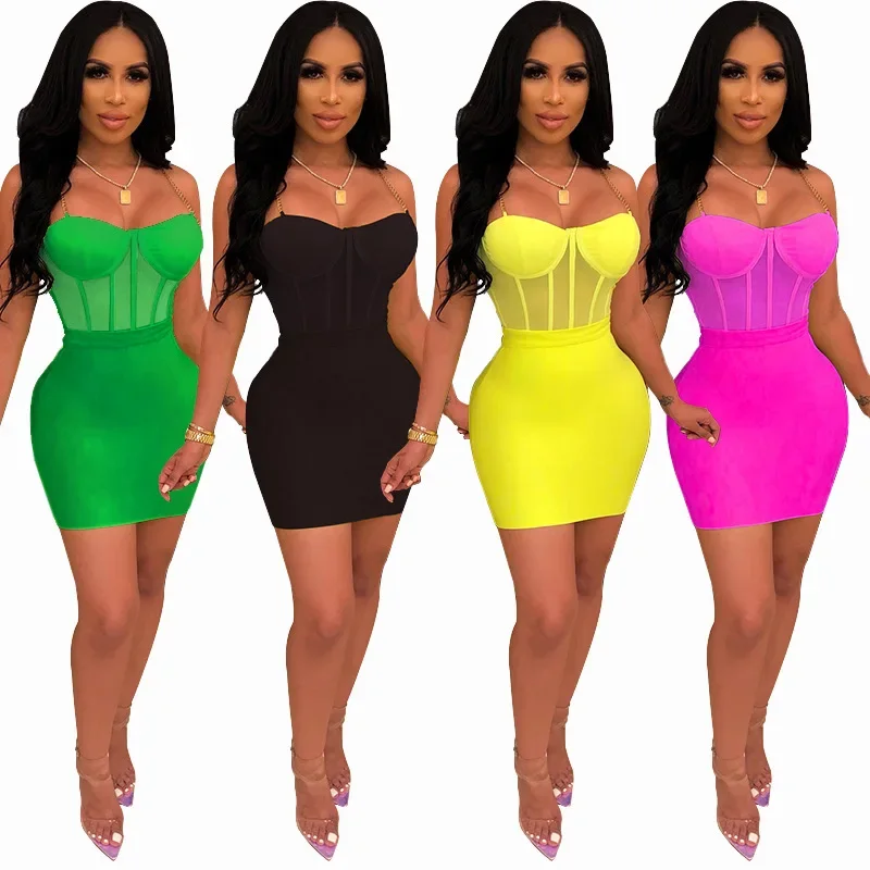 

2024 Summer Women's Fashion Sexy Sling Mesh Two Piece Girl Dress