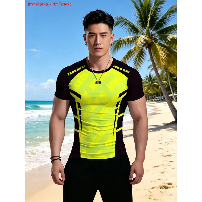 Mens Neon Green Black Lime Full Body Diamond Print T Shirt Breathable Compression Short Sleeve Crew Neck Top Athletic Casual