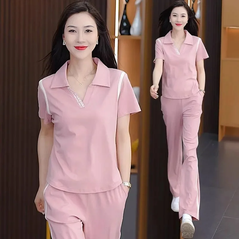 

Women Sport Suit 2025New Female Summer Short Sleeve AndPants Two Piece Set Women's Sportswear Female Pants Outfit Large Size 4XL