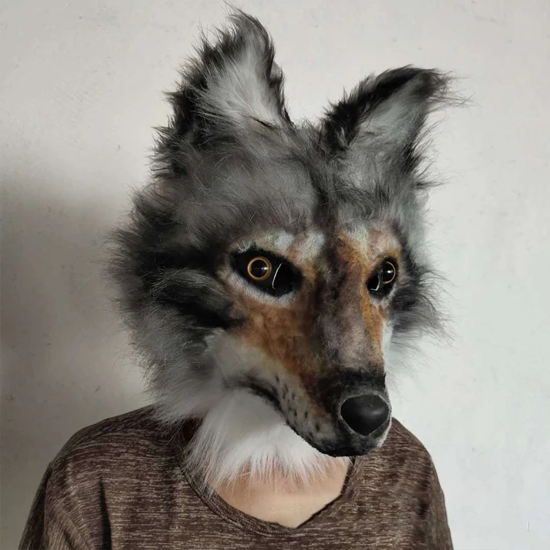 NEW Grey Furry Wolf Mask Cosplay Costume Accessories Faux Fur Animal Full Head Masks Anime Party Dress Up Headgear Realistic