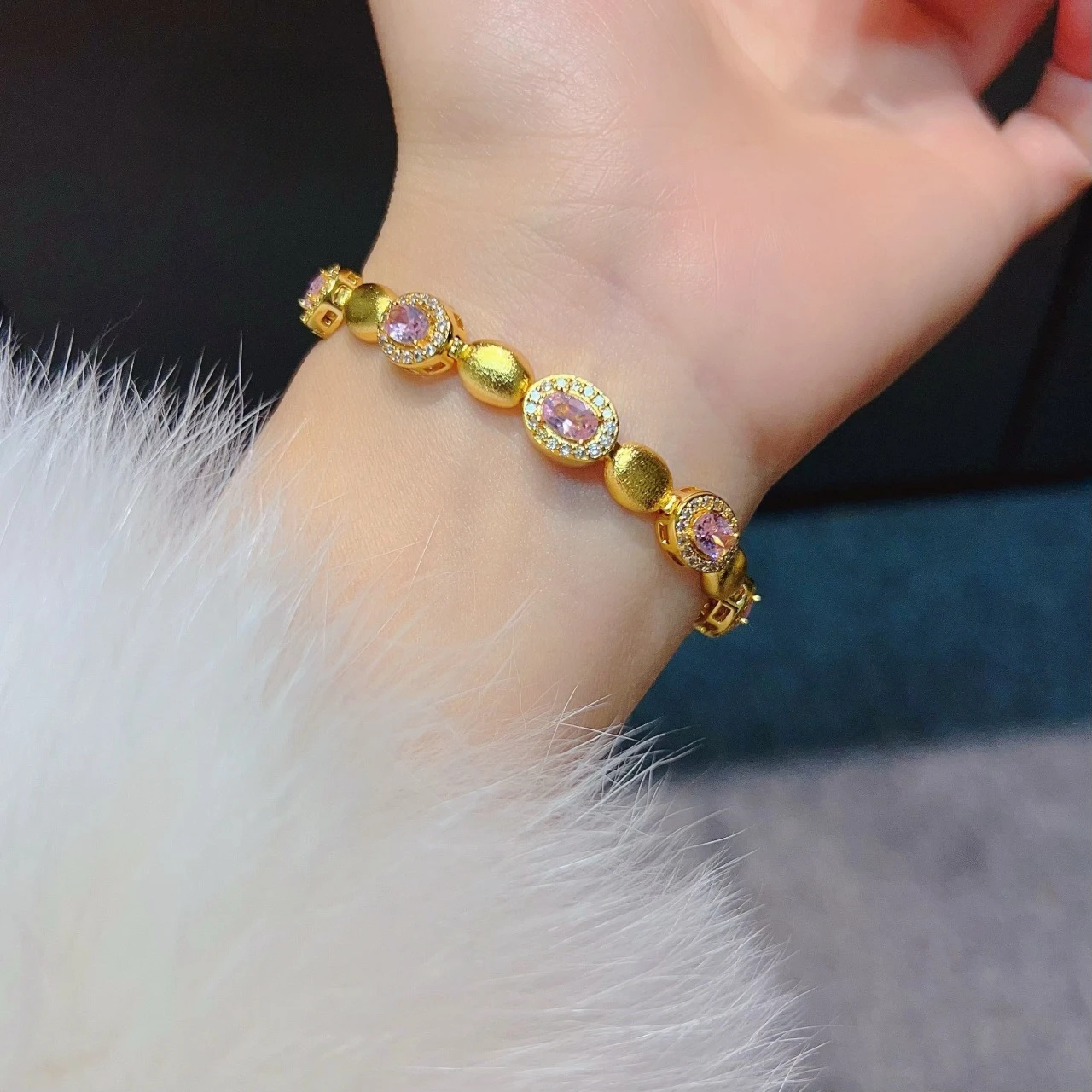 Fashion 18kt Pink Oval Zircon Pendant Double-layer Bracelet for Women Wedding Valentine's Day Birthday Jewelry Bangles Gifts