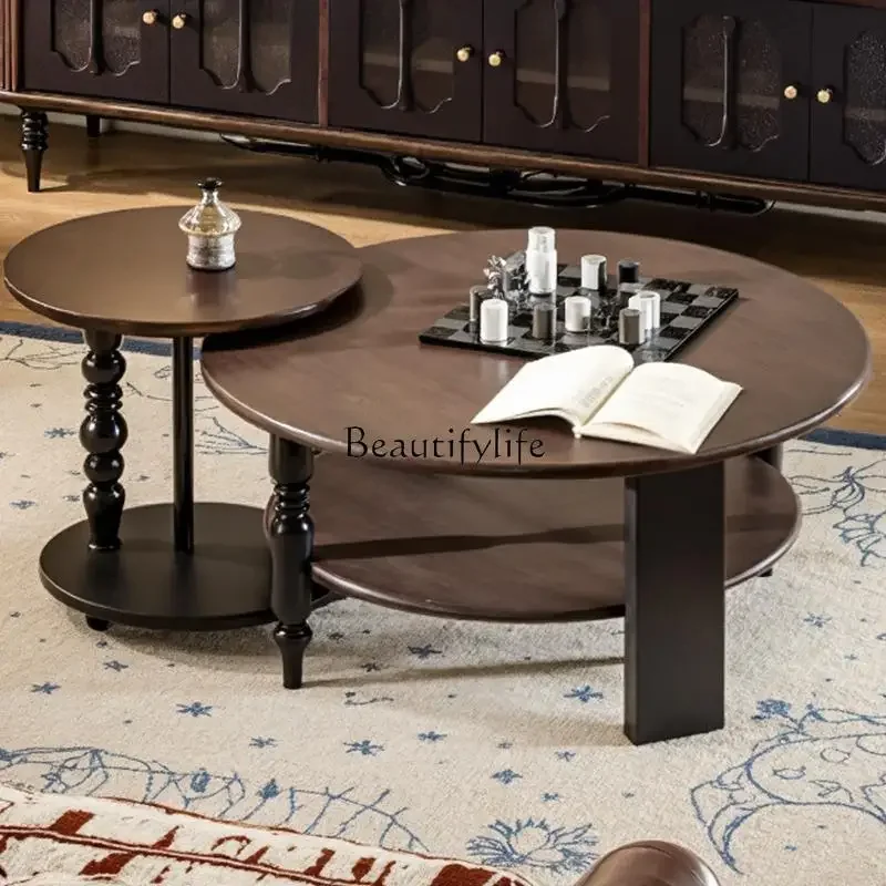 Meja kopi bundar kayu solid gaya abad pertengahan untuk ruang tamu rumah tangga apartemen kecil bergaya retro Prancis