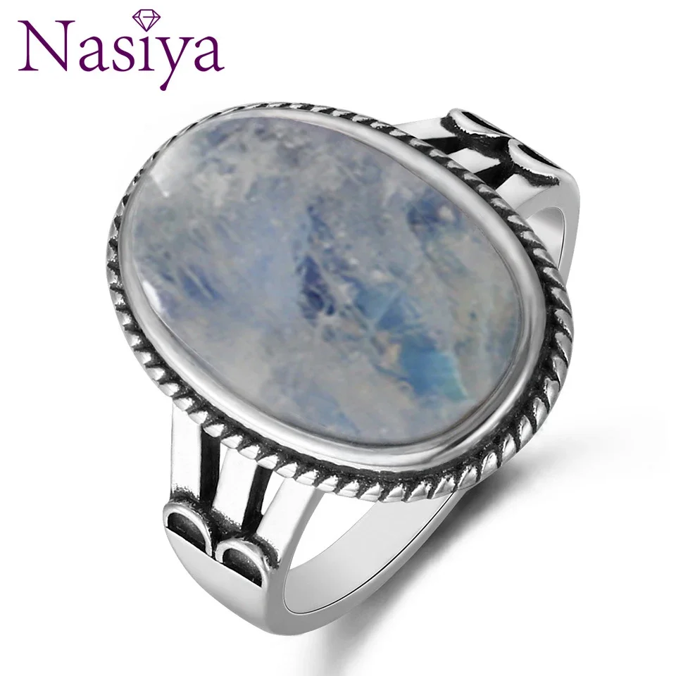 

Nasiya New Classic Big 10x17 MM Oval Natural Moonstones For Rings Women Silver Vintage Jewelry Wholesale