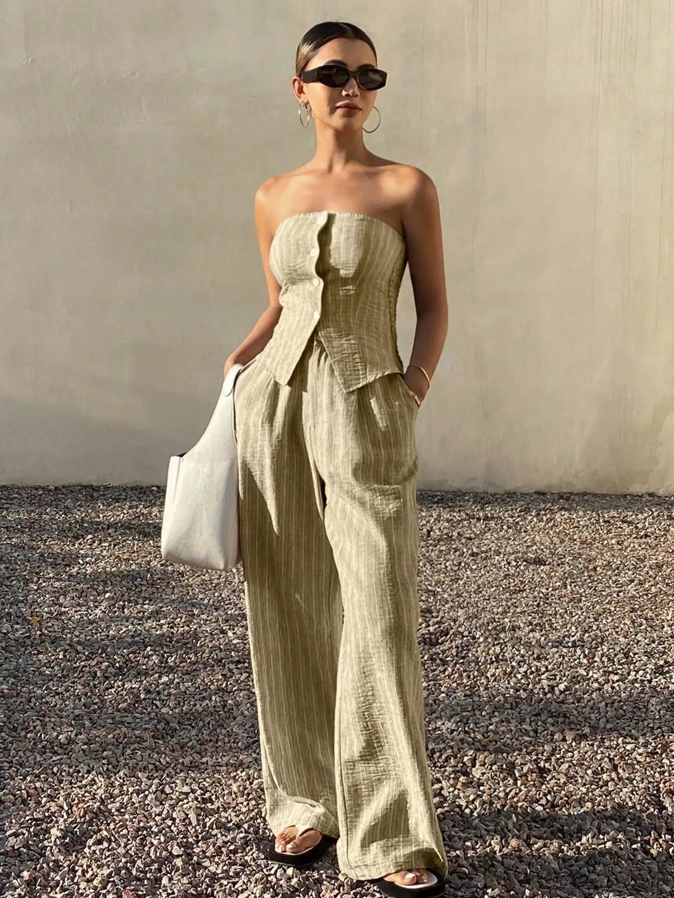 

Loose Vacation Casual Striped Strapless Crop Top And Wide Leg Pants 2 Piece Set For Women