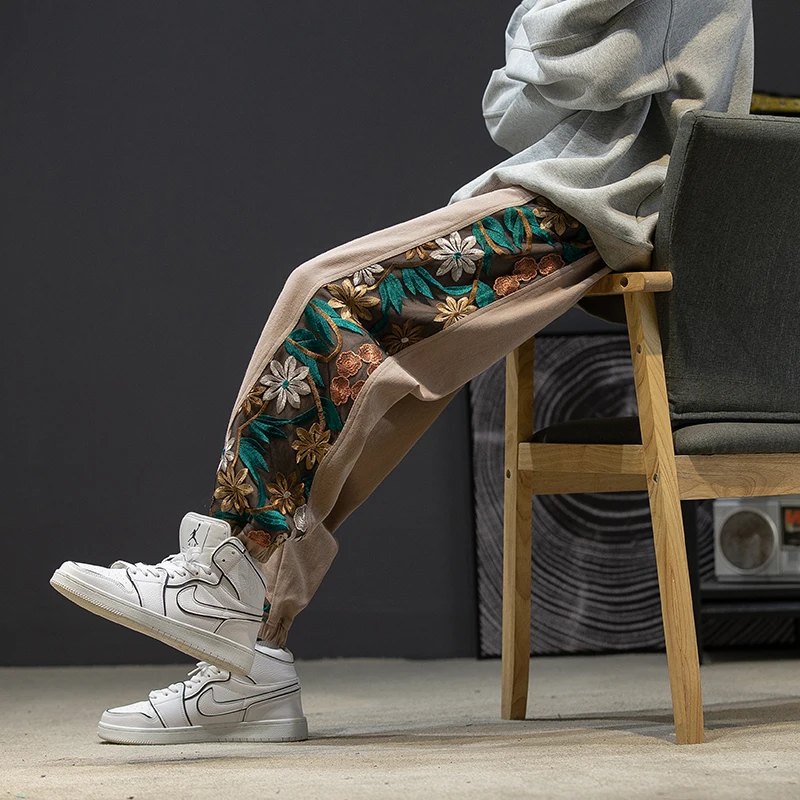 Loose Straight Leg Harlan Pants for Men Autumn Big Size Casual Pants Embroidery Small Foot Patchwork Long Pants