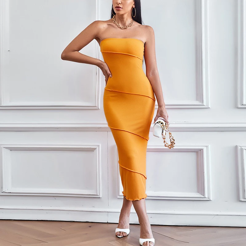 Damskie letnie sukienki Off Shoulder Midi Dress Solid Color Slim Fit Sleeveless Drape Striped Beach Party Bodycon Dress