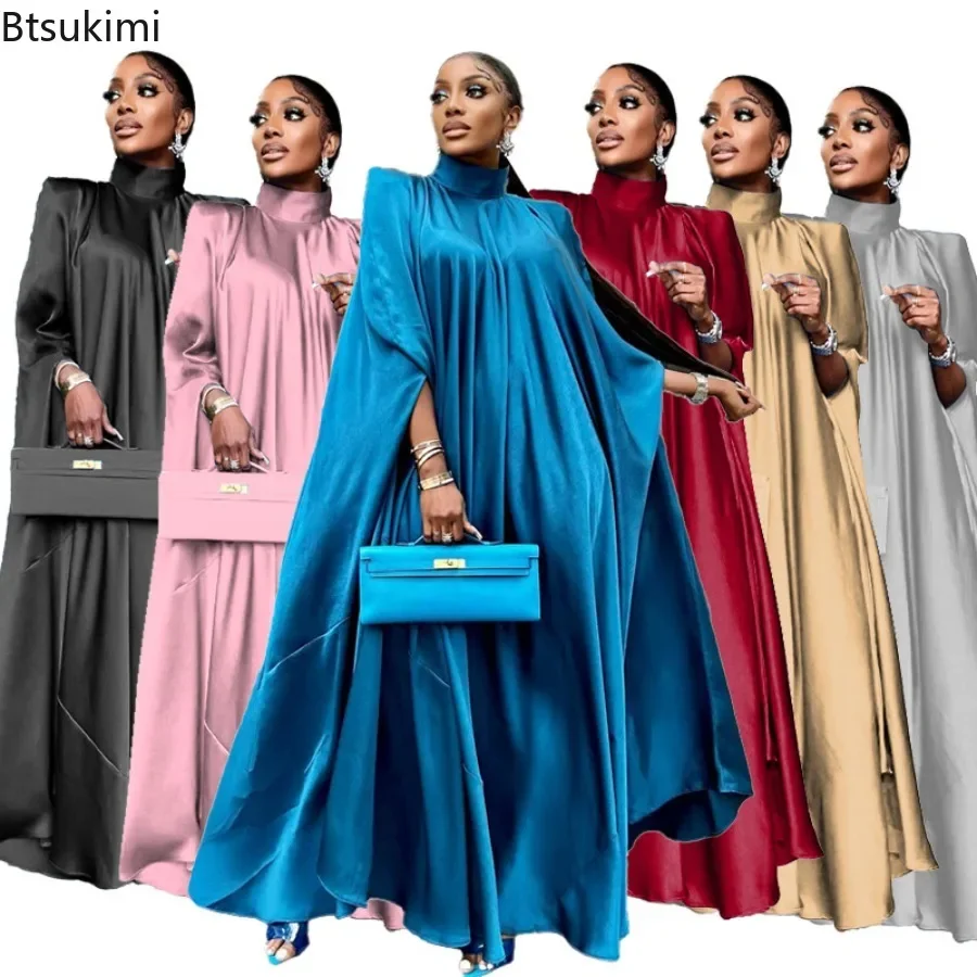 Fashion Luxury Dubai Indian Dress Muslim Abaya for Women Elegant High Neck Loose Pullover Solid Satin Party Evening Dresses Robe