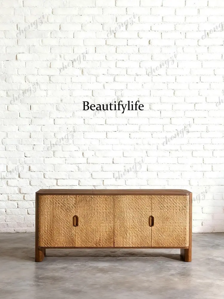 Vintage style solid wood hammer pattern carved texture sideboard for living room and home designer style wabi-sabi