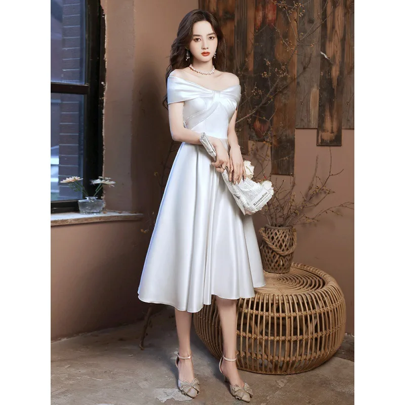 GIYSILE 2025 新白のイブニングドレス婚約弓サテンドレープ簡単なフォーマルドレス女性エレガントなパーティードレス女性イブニング