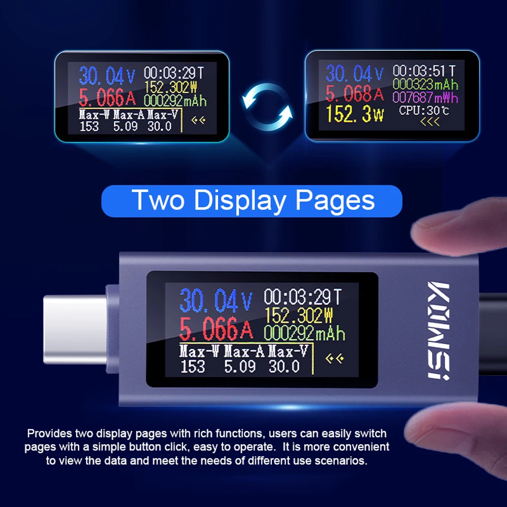 KWS-2303C Type-c Multi-function Digital Display DC Voltage Ammeter Power Meter Cell Phone Charging Tester DC 4-30V 0-12A