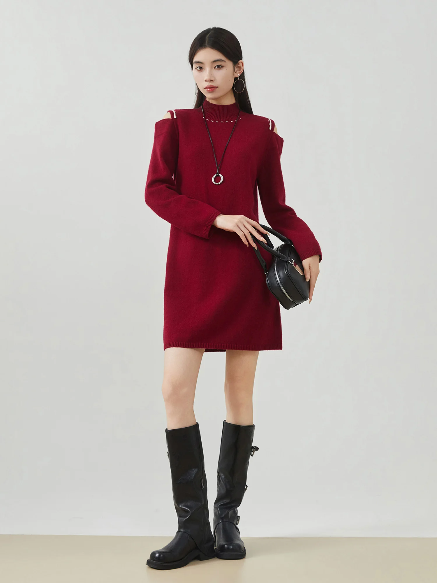 

Red Off-oulder Knitted Dr Women's Loose Slimming High Collar Casual Sle A-Line Skirt Polyester Fiber Long Sve Sprin...