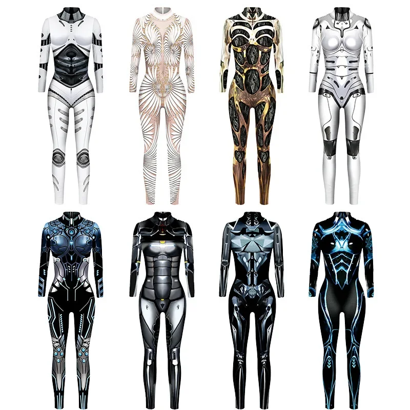 Robot Punk kombinezon Catsuit seksowne kobiece kobiety przebranie na karnawał szkielet Cyberpunk Steampunk Zentai garnitur Halloween body OI2418