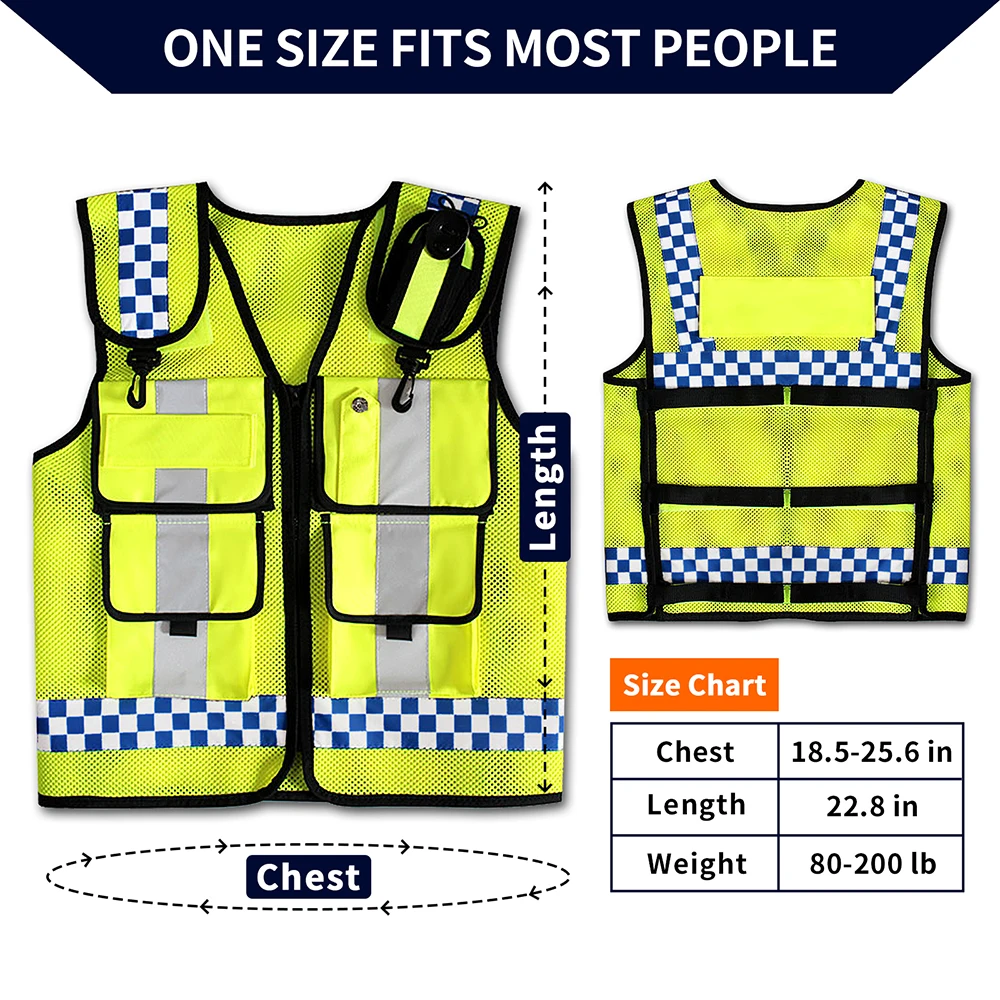 Chaleco reflectante de policía, chaqueta de seguridad de alta visibilidad, malla transpirable, doble capa, ropa de trabajo de seguridad nocturna