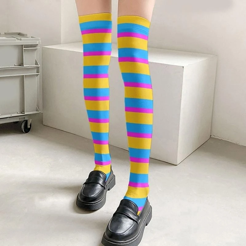 Y3NE السيدات الفخذ العليا الجوارب الطويلة مع قوس قزح متعدد الألوان مخطط نمط الحرير فوق الركبة جوارب الجوارب الجوارب للحفلات