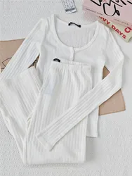 White Eyelet 2 Piece Sets Women Buttons Cotton Long Sleeve Tee+Elastic Waist Straight Trousers Home T-shirt Pant Pajama Set Y2K