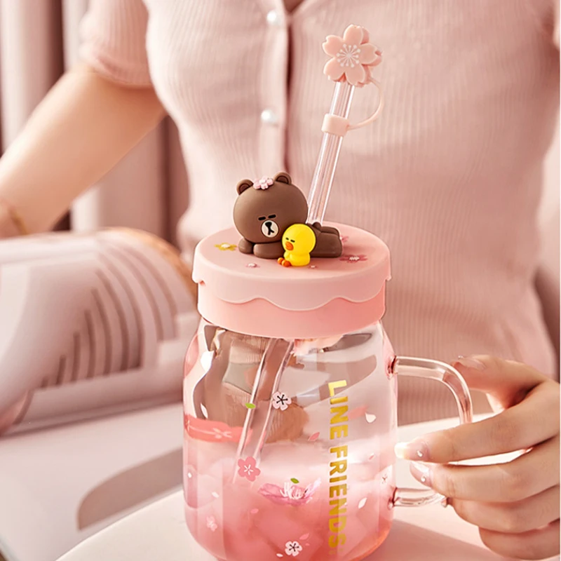 Anime 800Ml Pink Brown Bear Glass Cup Kawaii Portable Handle Water Mug with Lids Straws Fashion Sweet Juice Milk Coffee Bottle