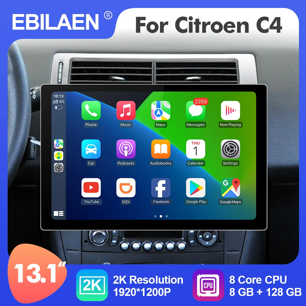 

EBILAEN Android 12 13,1 дюймов Автомобильный мультимедийный радиоплеер подходит для Citroen C4 2008-2011 GPS стерео 8 ядер Carplay 4G WIFI