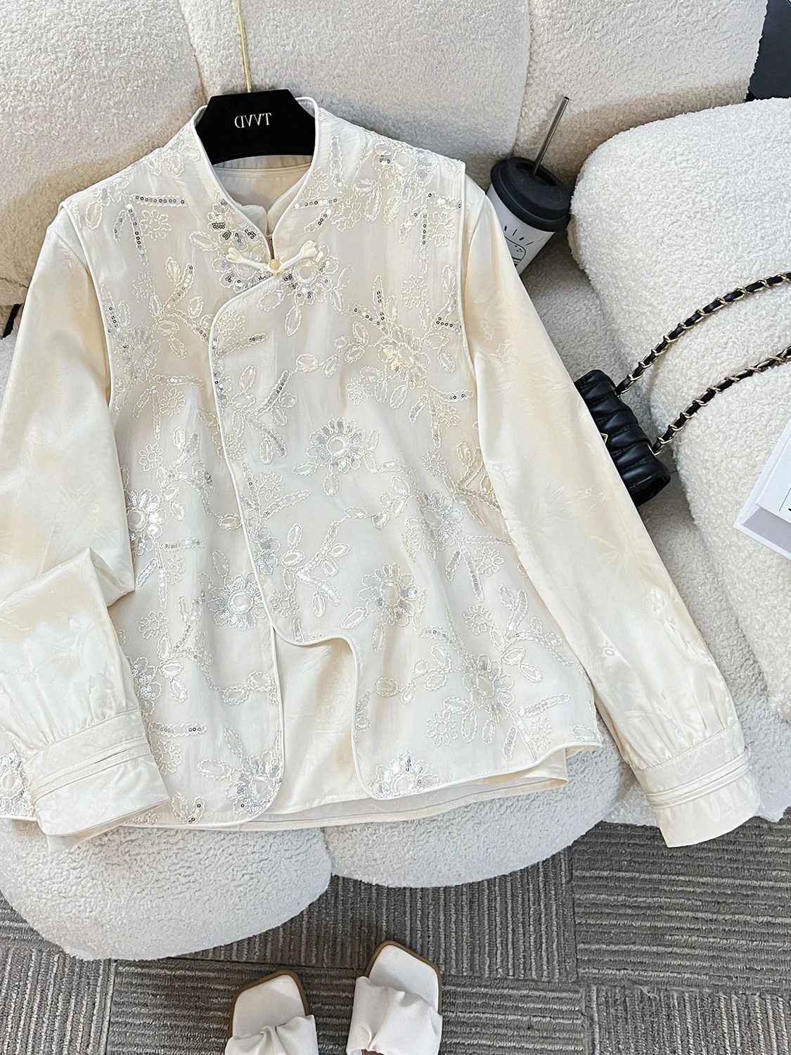 جديد الصينية Sle المطرزة رقيقة Svel الوقوف طوق سترة بال زر القرص العصرية العلوي مستقيم أنبوب pe ربيع 2025 #1