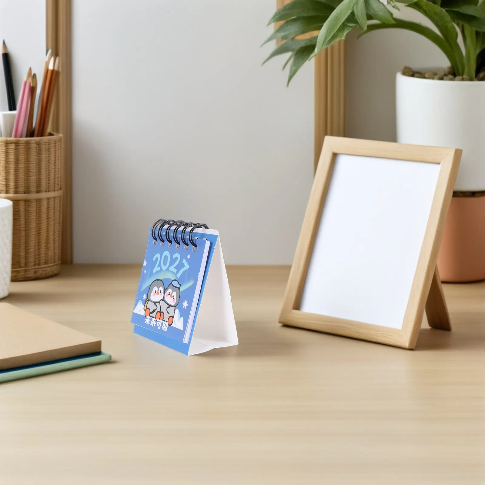 Penguin Mini Desk Calendar 2027 Flip Desktop Planner Metal Ring Binding Monthly Schedule Organizer Office School
