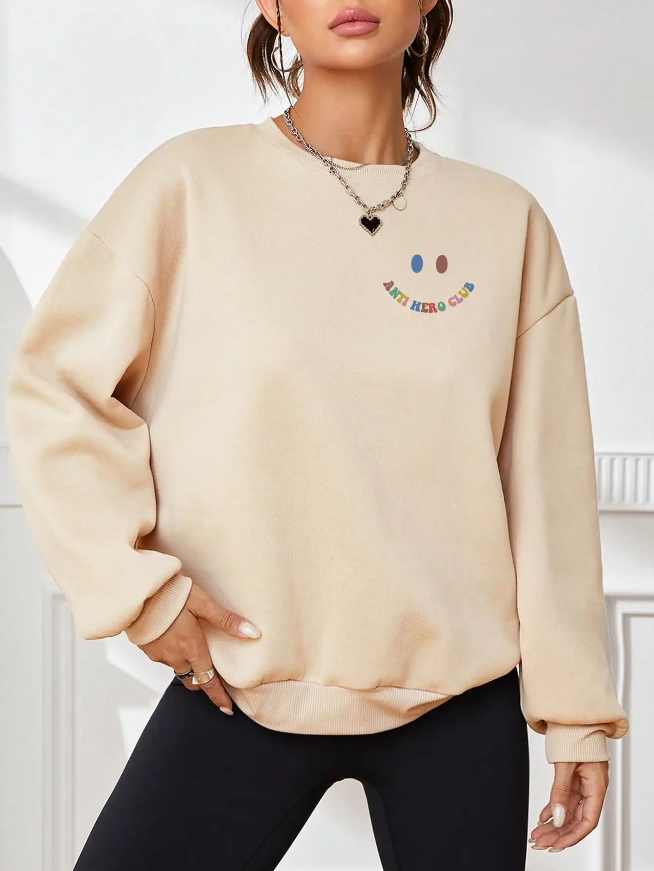 Colorful Letter And Smile Face Printed Women Hoodie Autumn Sportswear Creative Simple Clothes Hip Hop Crewneck Sweatshirts