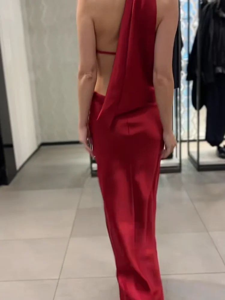 섹시한 단색 새틴 백리스 드레스 여성용 홀터넥 민소매 허리 조임 롱 드레스 여성 이브닝 파티 가운 2025 신상