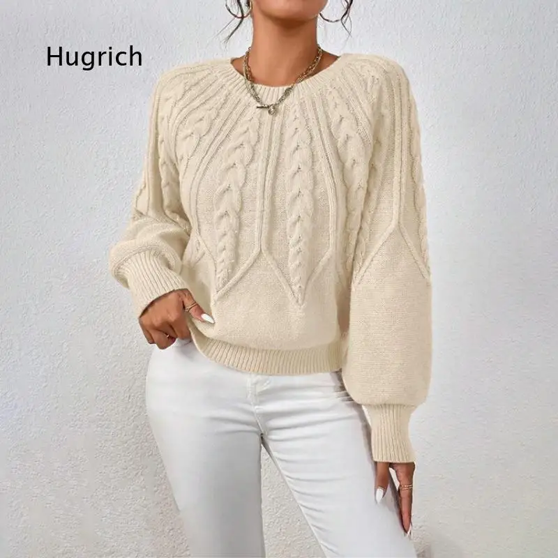 Women Round Neck Cable Twist Knit Pullover Solid Color Thread Texture Loose Sweater Soft Casual Knit Top For Autumn Winter Dail